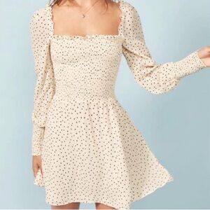 Reformation Kelli Cream Long Sleeve Dress with Black Polka Dots